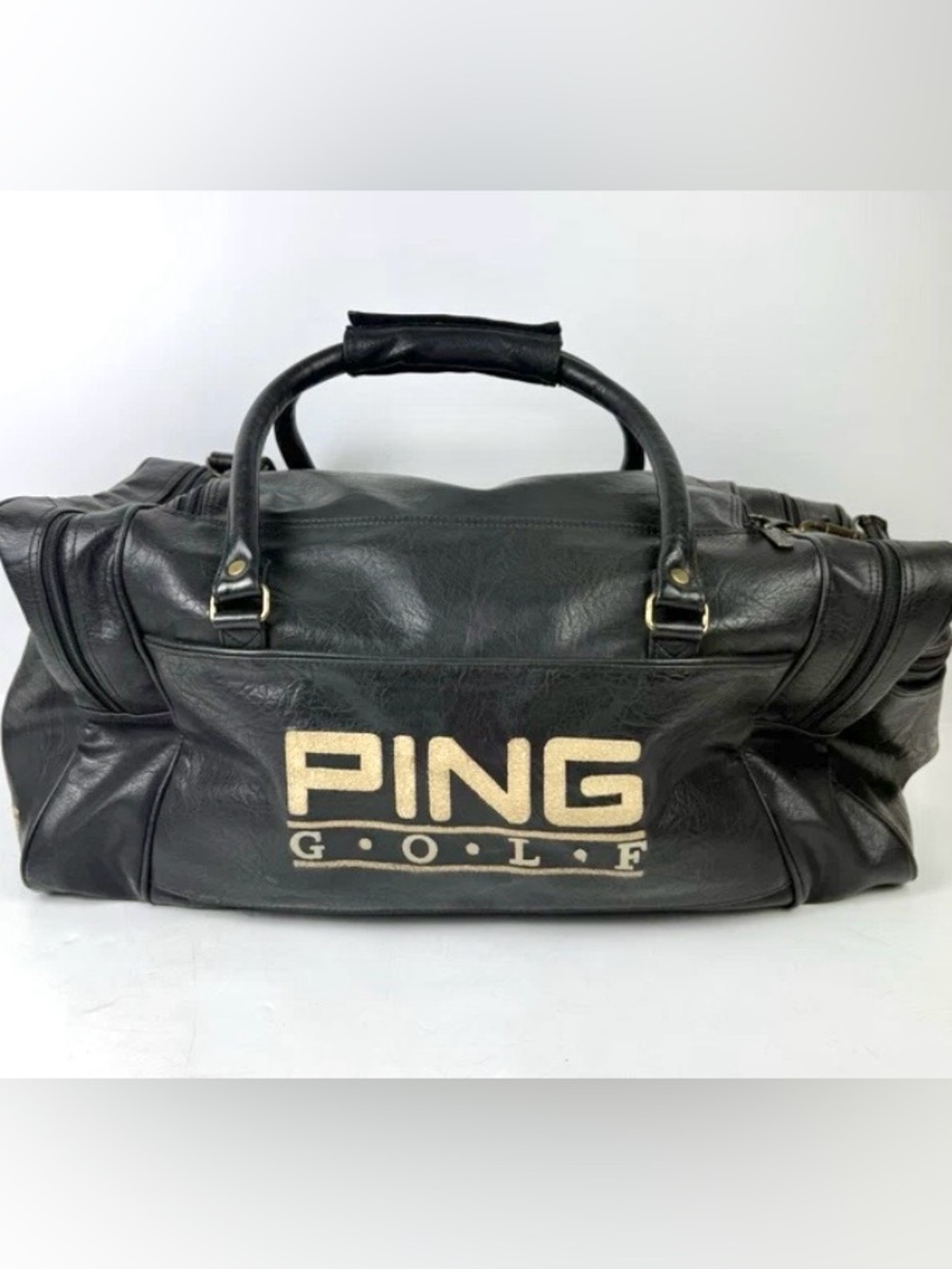 Ping Golf Vintage Leather Duffle Bag Black Leather Embroidered Adjustable